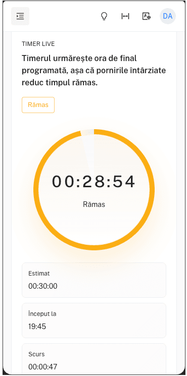 Cronometru live pe telefon cu timpul rămas afișat